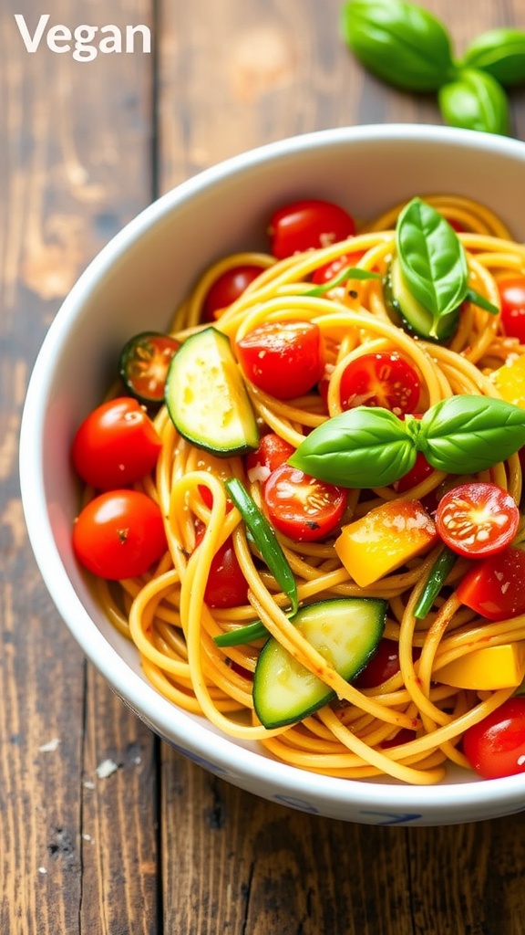 A vibrant Vegan Pasta Primavera with colorful vegetables and spaghetti, garnished with basil.